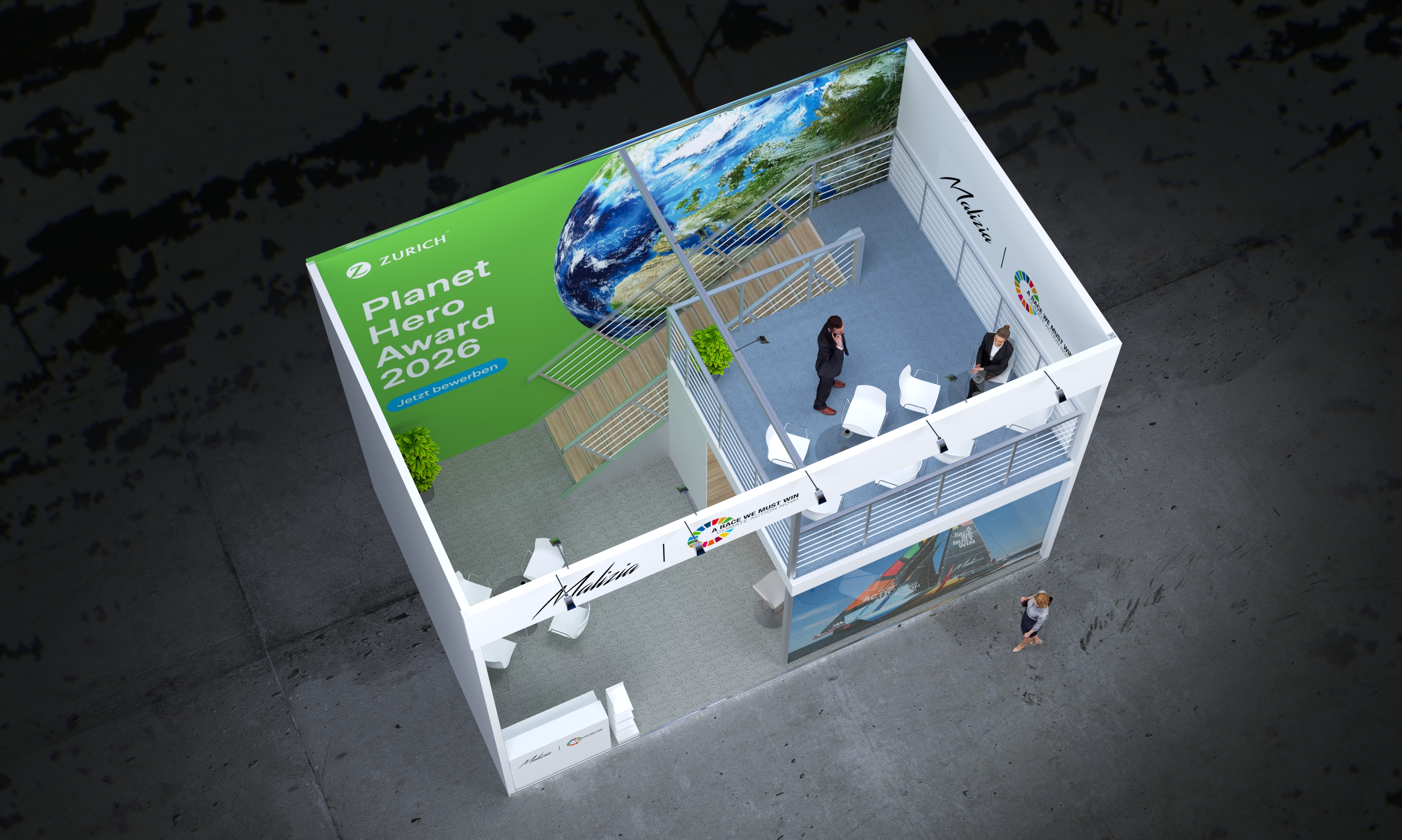 Perspektivische Gesamtansicht des zweigeschossigen Stockstands